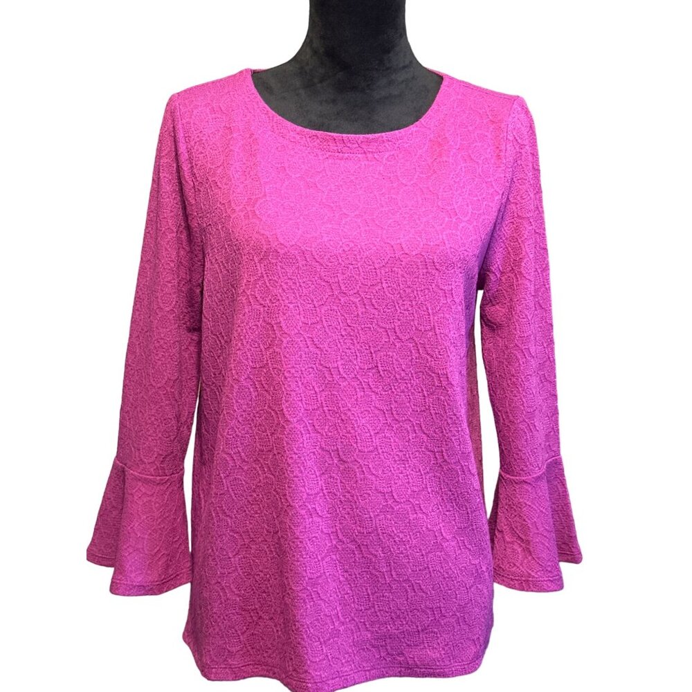💖Loft Women's Medium Floral Lace Purple Bell Sleeve Top